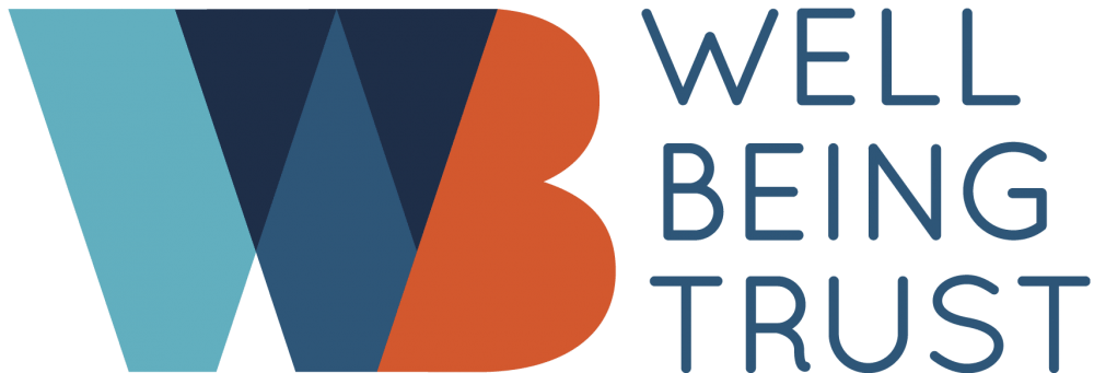 Well Being Trust Logo, WB blue and orange colored initials with blue title text.